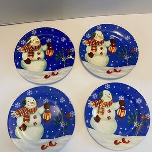 Snowman And Friends Collection Salad Plate 8" Lot Of 4 Snowmen and Cardinals